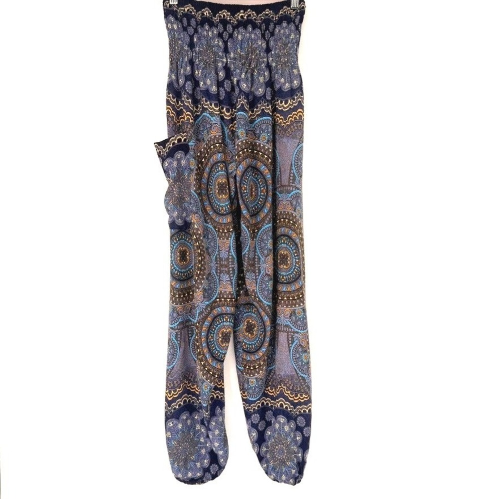 Blue‎ Mandala Paisley Smocked Waist Boho Harem Pants S/M Hippie Gypsy Peacock